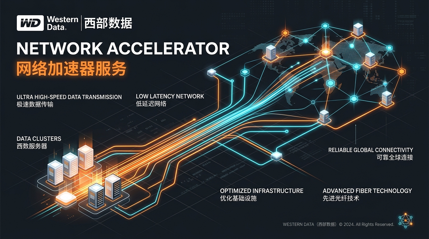 西部数据网络加速器专线节点拓扑示意图